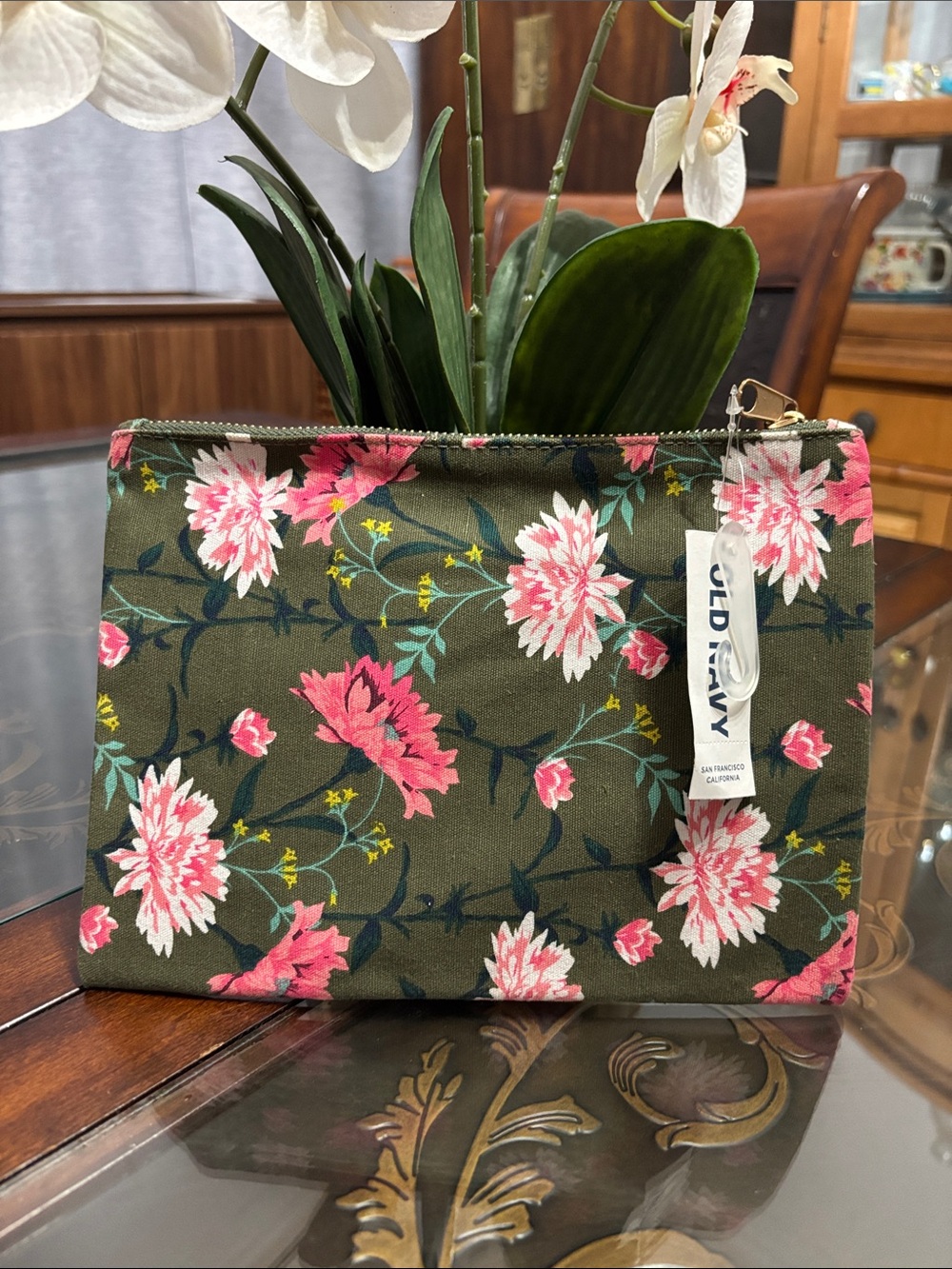 Old Navy Olive Floral Wristlet with Pink and White Blooms